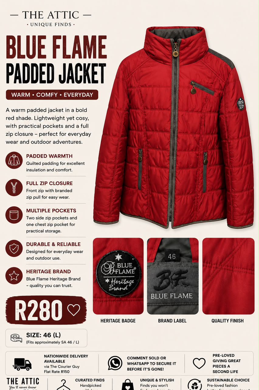 Blue Flame Heritage Padded Jacket in bold red – pre-loved, size 46 (L)