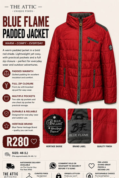 Blue Flame Heritage Padded Jacket in bold red – pre-loved, size 46 (L)