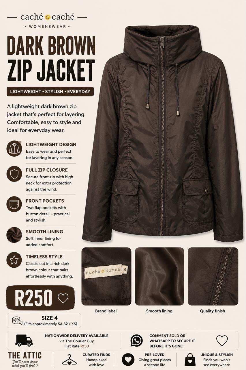 Caché Caché Dark Brown Zip Jacket – pre-loved, size 4 (SA 32/XS)
