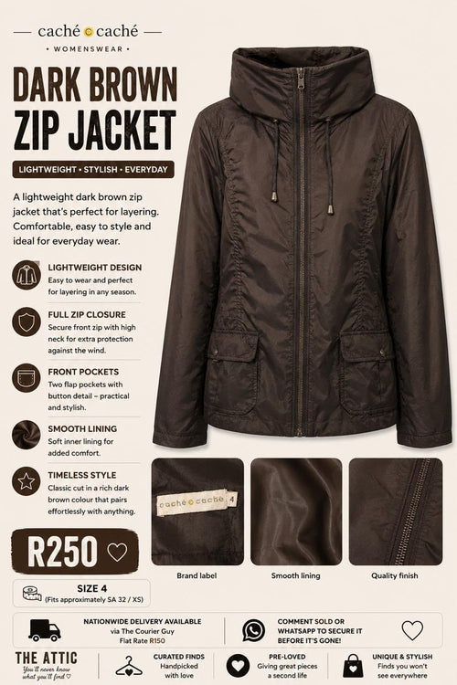 Caché Caché Dark Brown Zip Jacket – pre-loved, size 4 (SA 32/XS)