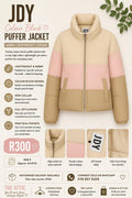 JDY colour block puffer jacket in beige, blush pink and khaki with high collar and full zip, size S