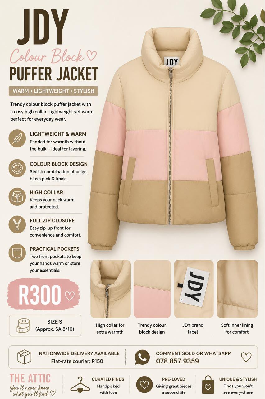 JDY colour block puffer jacket in beige, blush pink and khaki with high collar and full zip, size S