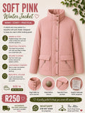 Soft pink padded winter jacket with high collar, snap button closure and large zip flap pockets, size 14