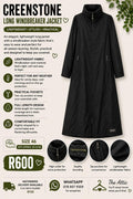 Creenstone black long windbreaker jacket with high collar, full zip and zip pockets, size 46