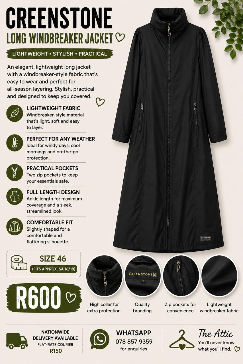 Creenstone black long windbreaker jacket with high collar, full zip and zip pockets, size 46