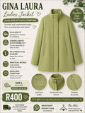 Gina Laura sage green ladies jacket with high collar, zip and press-stud closure and zip pockets, size L plus