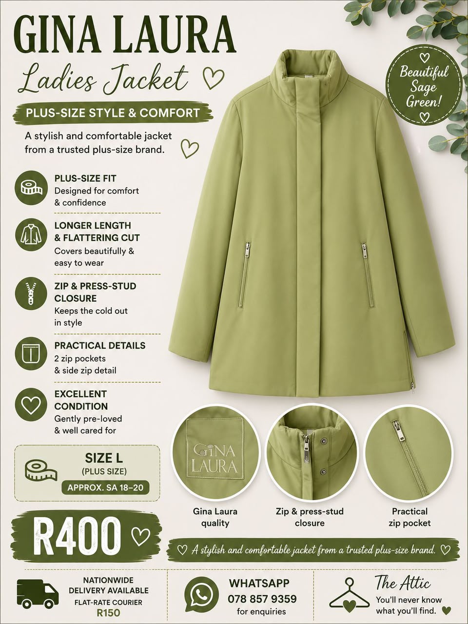 Gina Laura sage green ladies jacket with high collar, zip and press-stud closure and zip pockets, size L plus