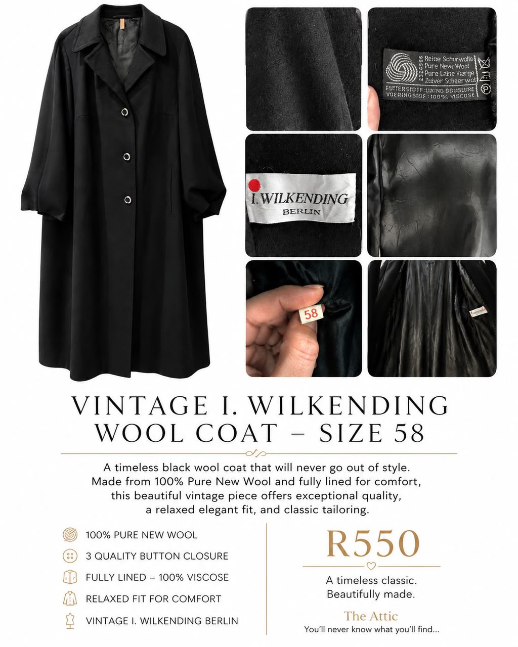 Vintage I. Wilkending Berlin wool coat in black, size 58