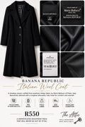 Banana Republic Italian wool coat in black, size medium, made with Mario Bellucci fabric from Prato Italy
