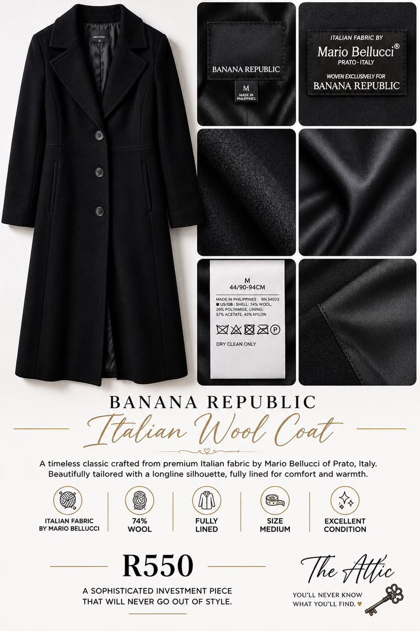 Banana Republic Italian wool coat in black, size medium, made with Mario Bellucci fabric from Prato Italy