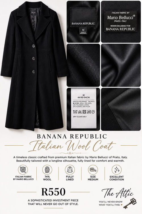 Banana Republic Italian wool coat in black, size medium, made with Mario Bellucci fabric from Prato Italy