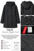 H&M Divided hooded duffle coat in charcoal grey with toggle fastenings, size EUR 38