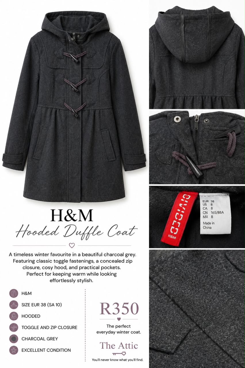 H&M Divided hooded duffle coat in charcoal grey with toggle fastenings, size EUR 38