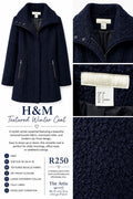 H&M navy textured bouclé winter coat with statement collar and zip-front closure, size EUR 34