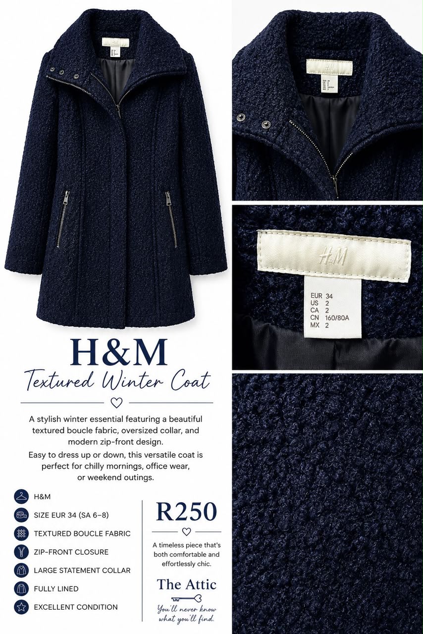 H&M navy textured bouclé winter coat with statement collar and zip-front closure, size EUR 34