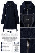 WE navy textured winter coat with zip-front closure, statement collar and waist tie, size EU 34