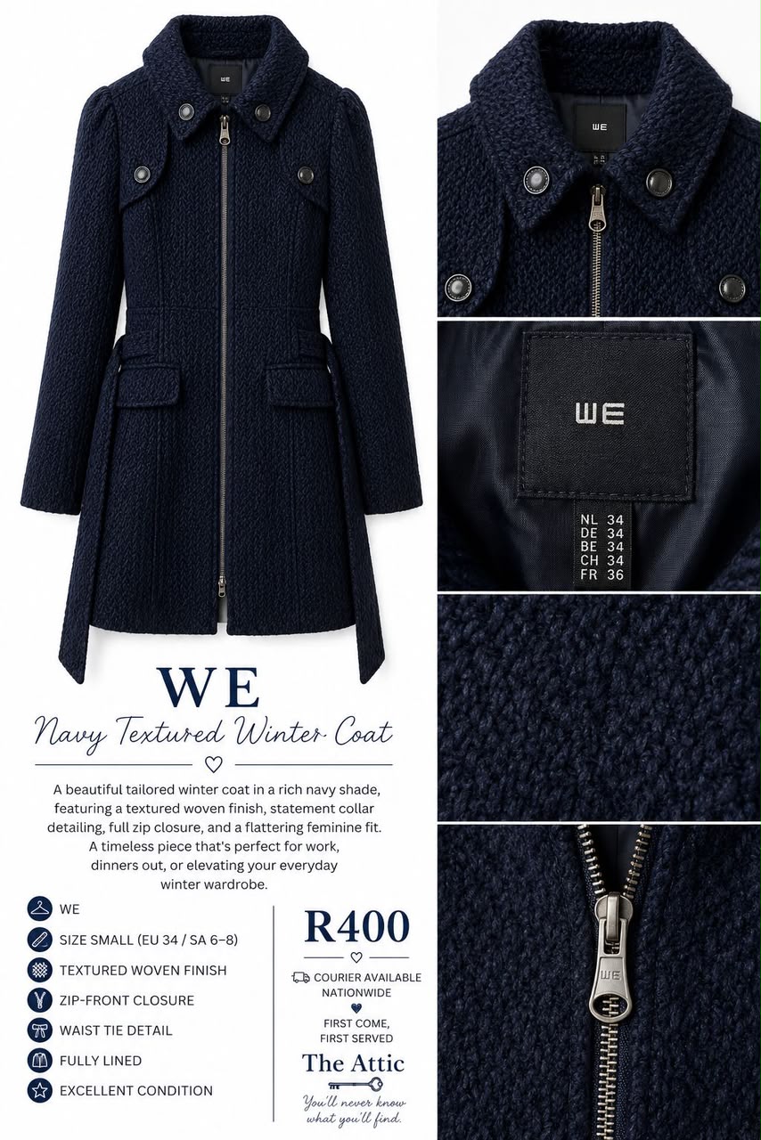 WE navy textured winter coat with zip-front closure, statement collar and waist tie, size EU 34