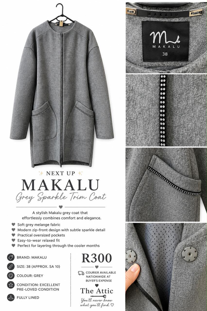 Makalu grey melange coat with sparkle trim along zip and pockets, size 38