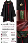 Schneiders Salzburg cape coat in deep grey wool blend with green collar, red piping and antique crest buttons