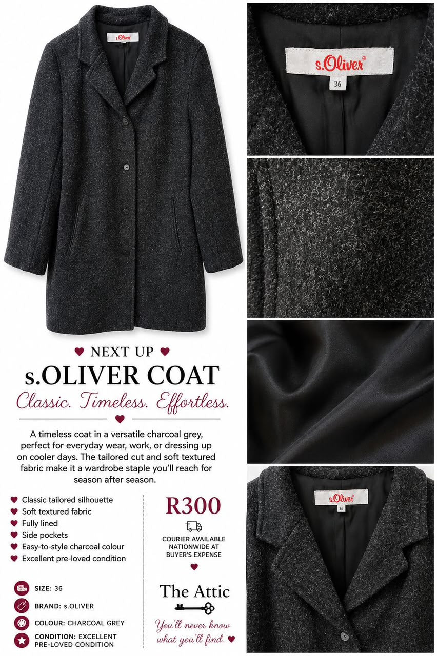s.Oliver charcoal grey textured tailored coat, size 36, fully lined with side pockets
