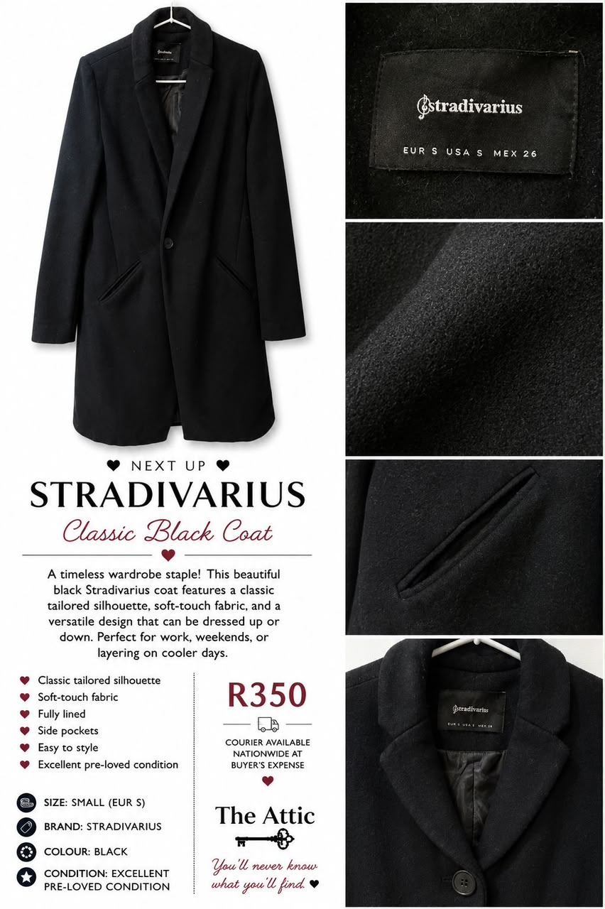 Stradivarius classic black tailored coat, size small, fully lined with side pockets