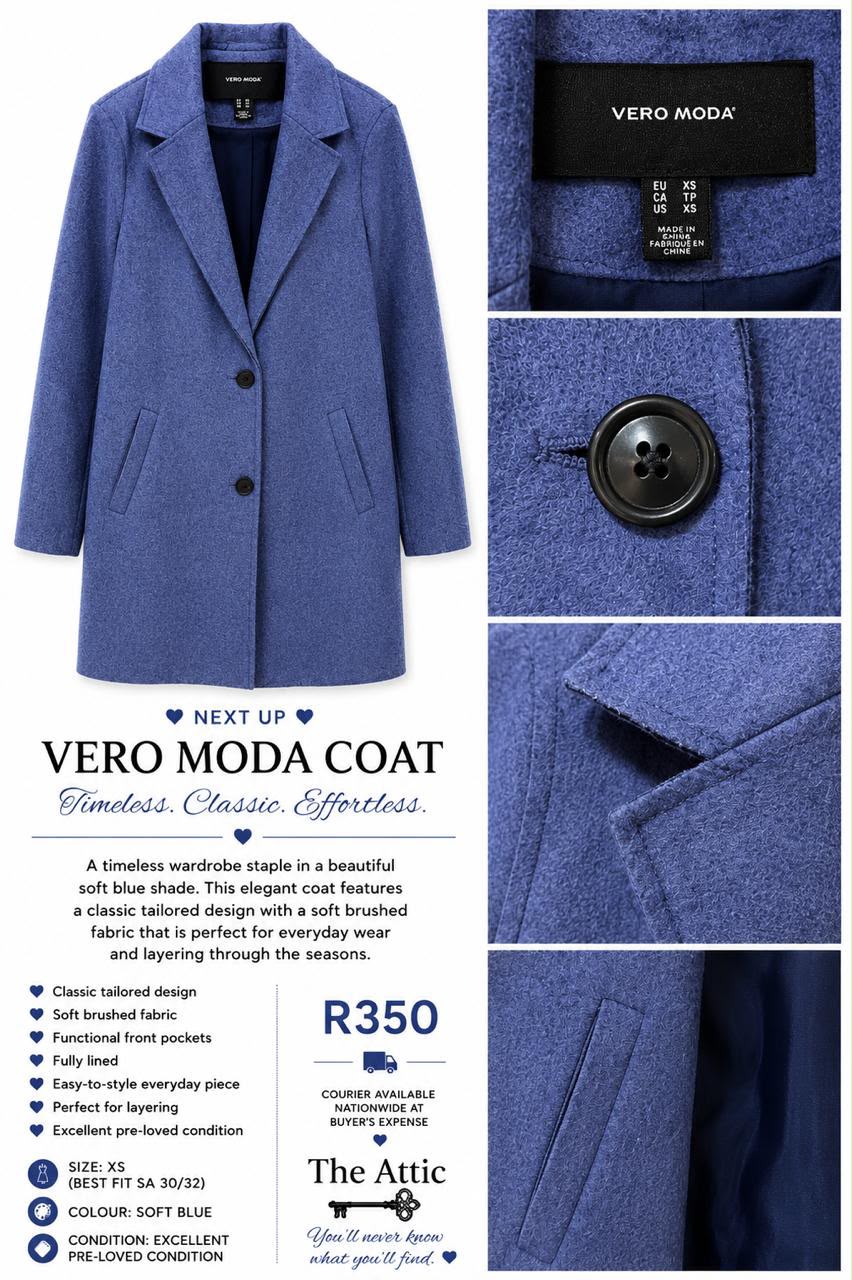 Vero Moda soft blue tailored coat with two-button closure and front pockets, size XS