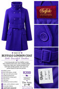 Buffalo London vibrant purple double-breasted coat with high neck, waist belt and flap pockets, size 8