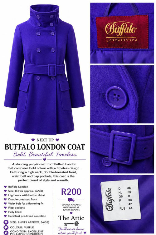 Buffalo London vibrant purple double-breasted coat with high neck, waist belt and flap pockets, size 8