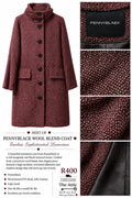 Pennyblack burgundy and black textured wool blend coat with high neckline and flap pockets, size 36