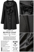 Black coat with dramatic ruffle and rosette collar detail, textured side panels and button-front closure, size SA 34/36