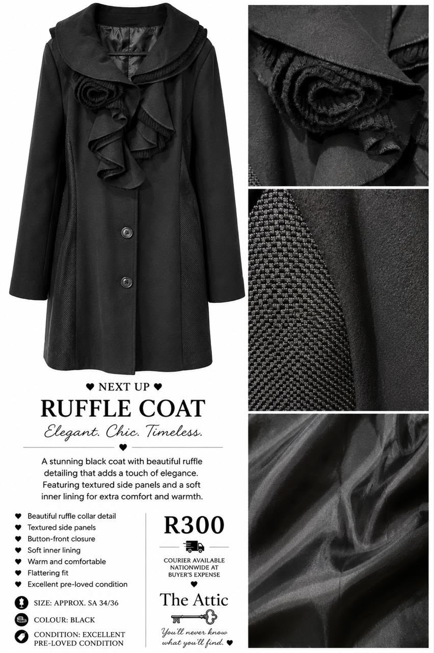 Black coat with dramatic ruffle and rosette collar detail, textured side panels and button-front closure, size SA 34/36