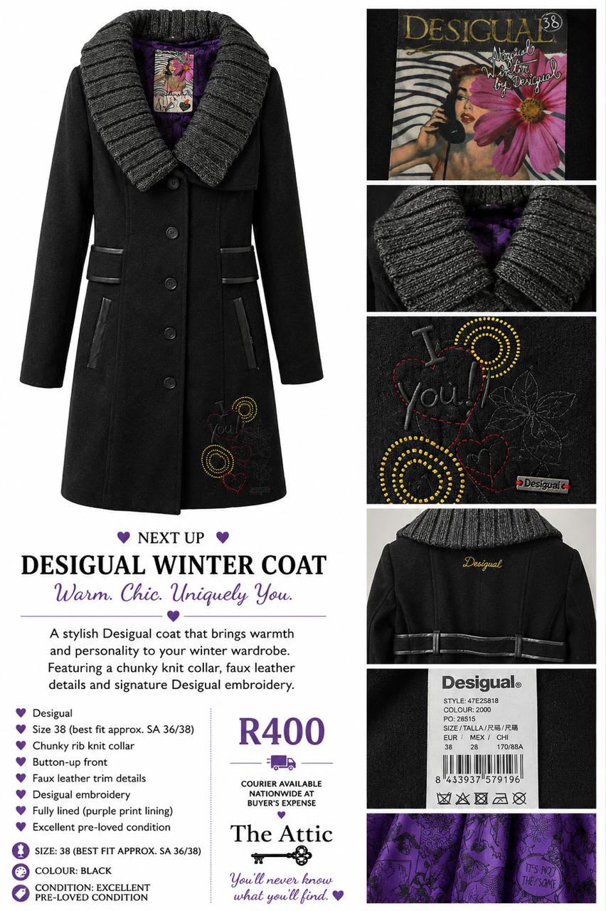 Desigual black winter coat with chunky knit collar, faux leather trim, embroidery detail and purple floral lining, size 38