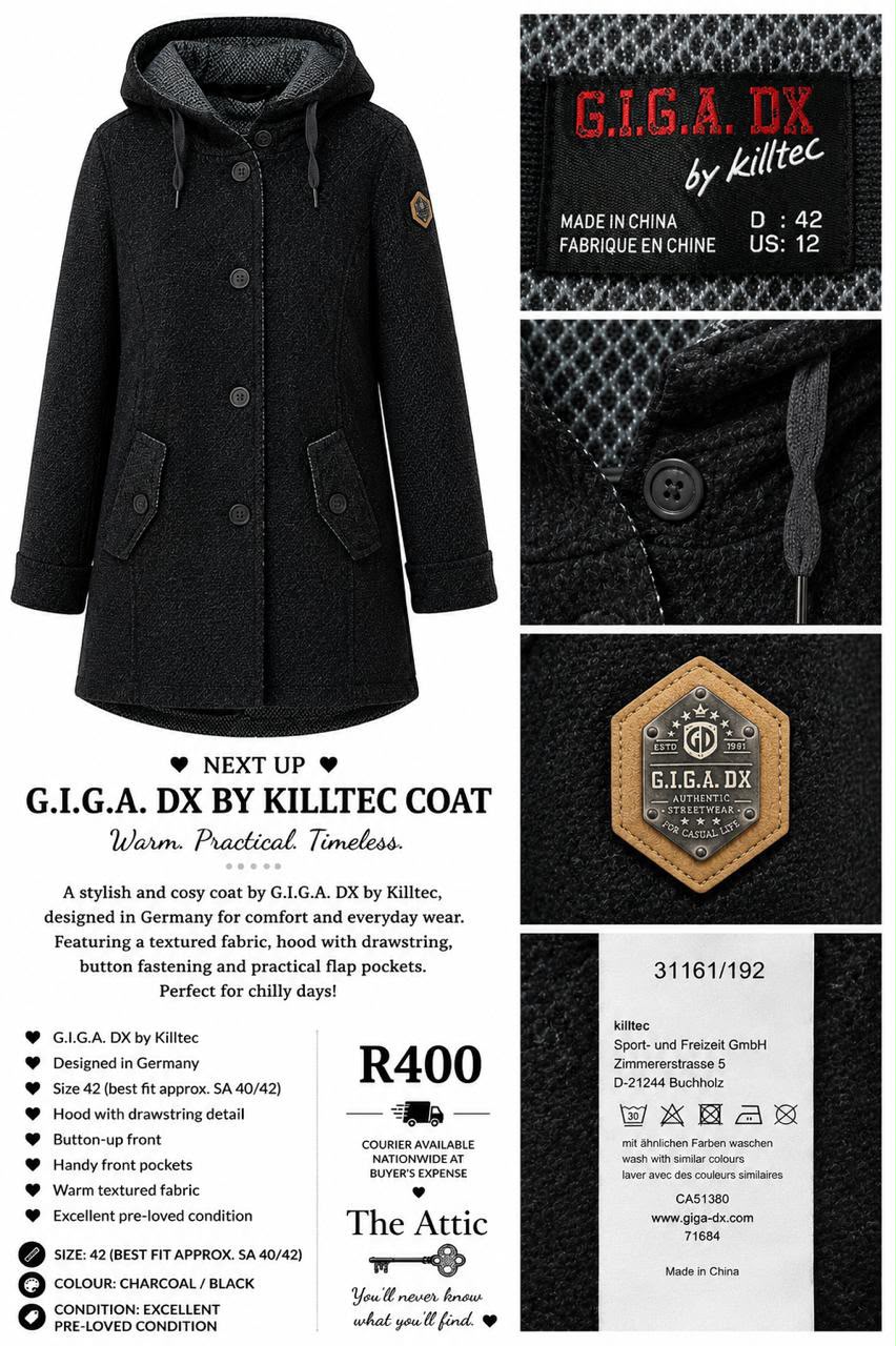 G.I.G.A. DX by Killtec charcoal black hooded coat with textured fabric, button-front and flap pockets, size 42