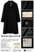 marCona Exclusiv pure new wool black longline coat with classic button closure and wide lapel collar, size EU 46