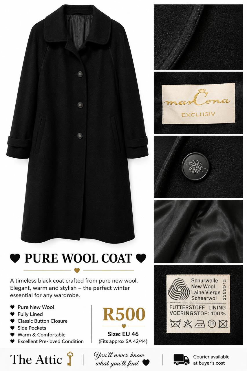 marCona Exclusiv pure new wool black longline coat with classic button closure and wide lapel collar, size EU 46