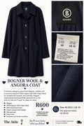 Bogner deep navy wool and angora coat with classic button-front closure, wide lapel collar and side pockets, size EU 40