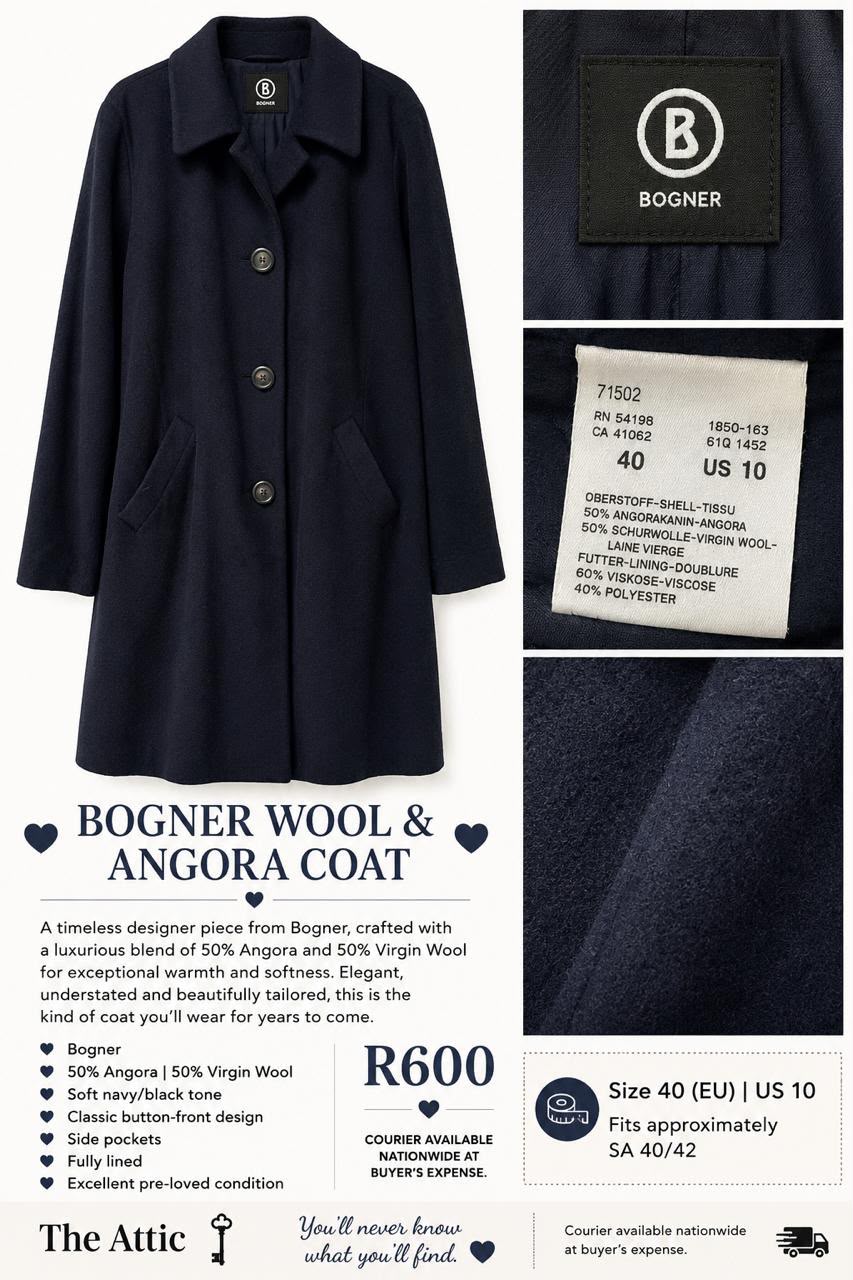 Bogner deep navy wool and angora coat with classic button-front closure, wide lapel collar and side pockets, size EU 40