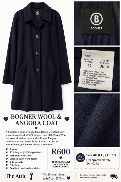 Bogner deep navy wool and angora coat with classic button-front closure, wide lapel collar and side pockets, size EU 40