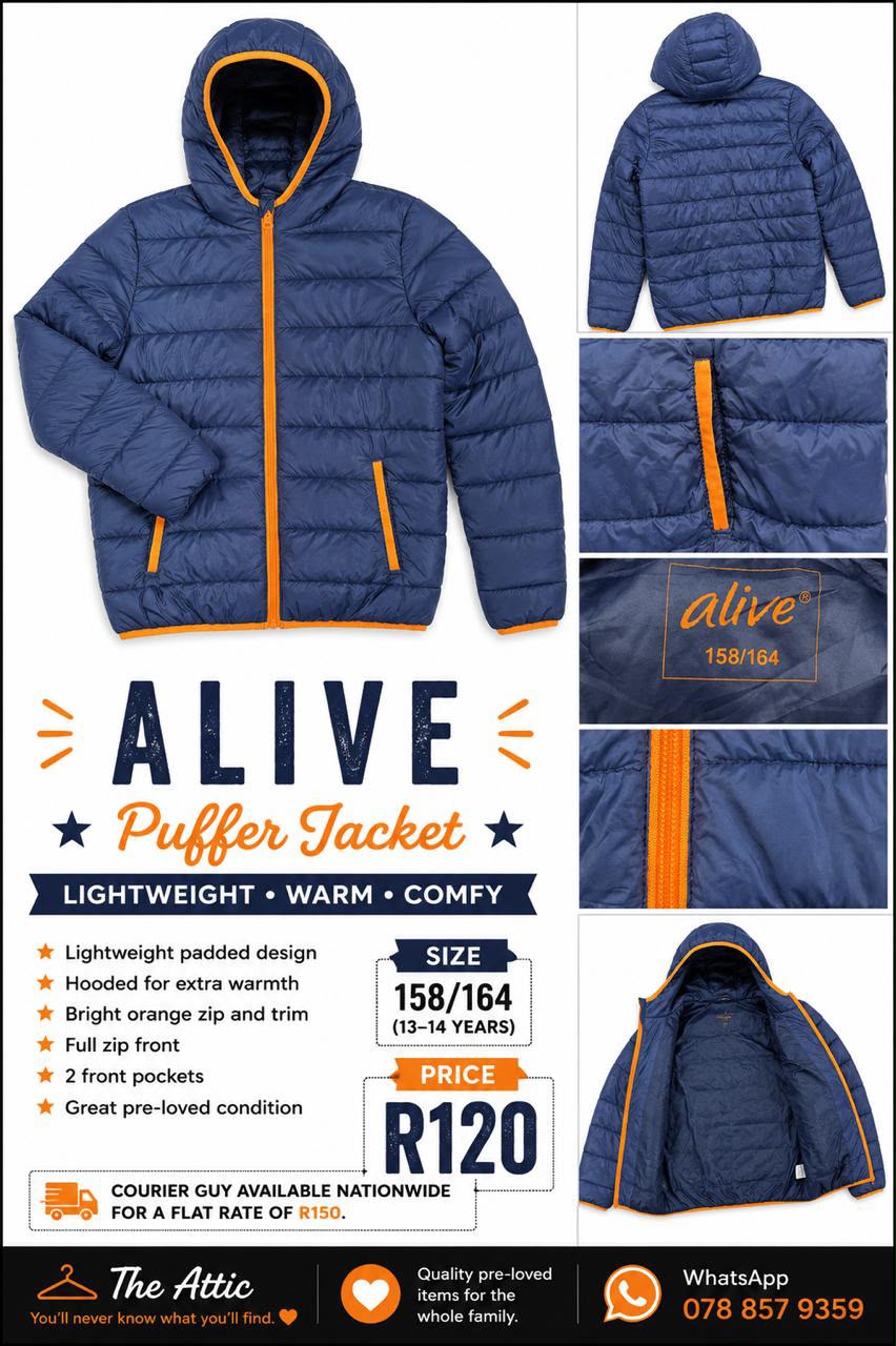 Alive kids navy blue puffer jacket with bright orange zip and trim details, hooded, size 158/164