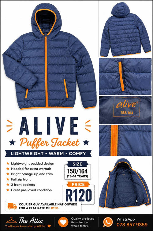 Alive kids navy blue puffer jacket with bright orange zip and trim details, hooded, size 158/164