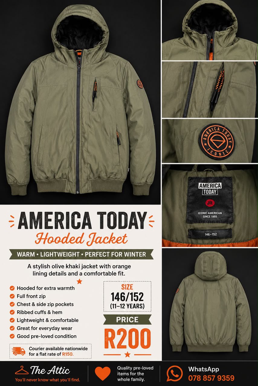 America Today kids olive khaki hooded jacket with orange lining details, chest and side zip pockets, size 146/152