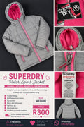 Superdry Polar Sport silver grey quilted puffer jacket with hot pink fleece lining, hood and branded zip, size medium