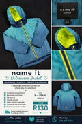 Name It kids teal and navy colour block outerwear jacket with neon yellow zip and hood lining, size 104cm