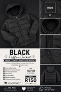 Kids black quilted puffer jacket with fleece-lined hood, full front zip and ribbed cuffs, size 122/128