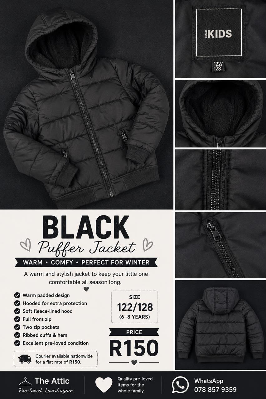 Kids black quilted puffer jacket with fleece-lined hood, full front zip and ribbed cuffs, size 122/128