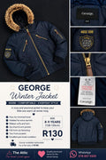 George kids navy winter jacket with faux fur trimmed hood, gold-tone zips and embroidered sports badge, size 8-9 years