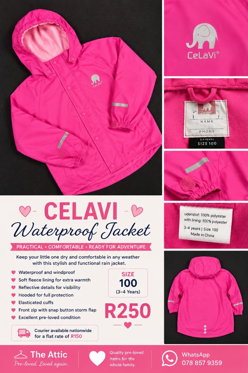 CeLaVi kids hot pink waterproof rain jacket with fleece lining, reflective sleeve details and snap button storm flap, size 100