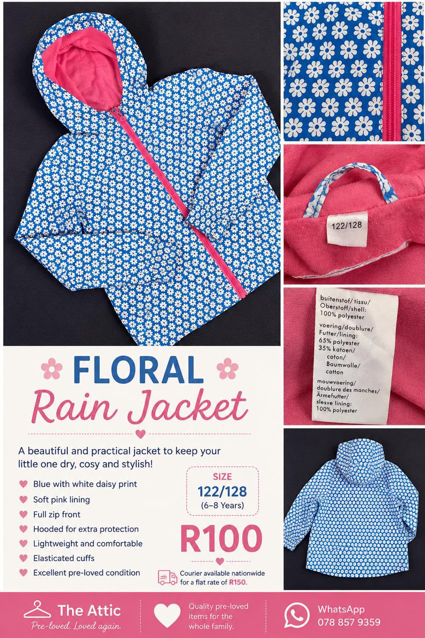 Kids blue and white daisy print rain jacket with bright pink lining, hood and full front zip, size 122/128