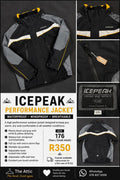Icepeak black and grey performance jacket with yellow and white detailing, adjustable hood and multiple zip pockets, size 176