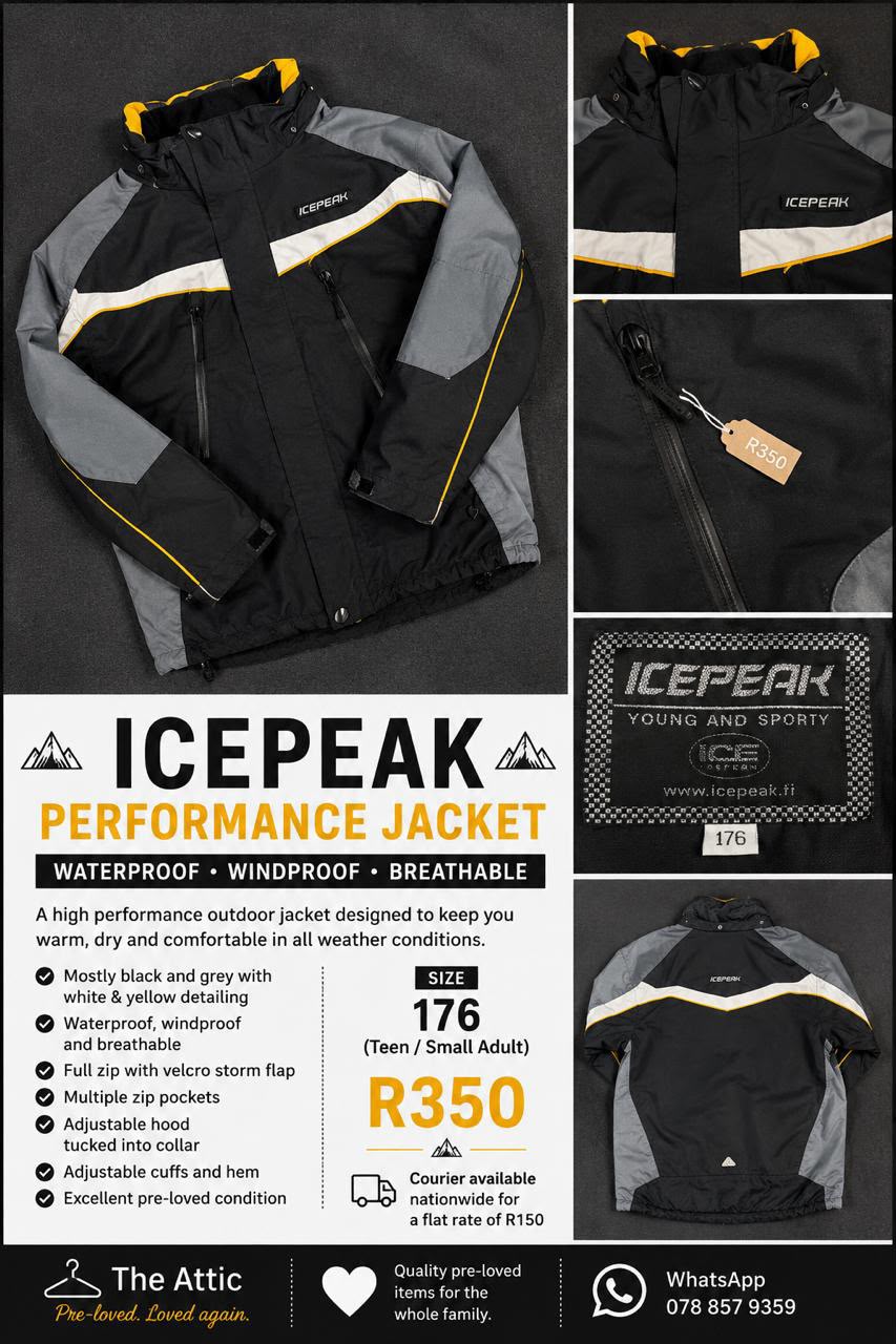 Icepeak black and grey performance jacket with yellow and white detailing, adjustable hood and multiple zip pockets, size 176